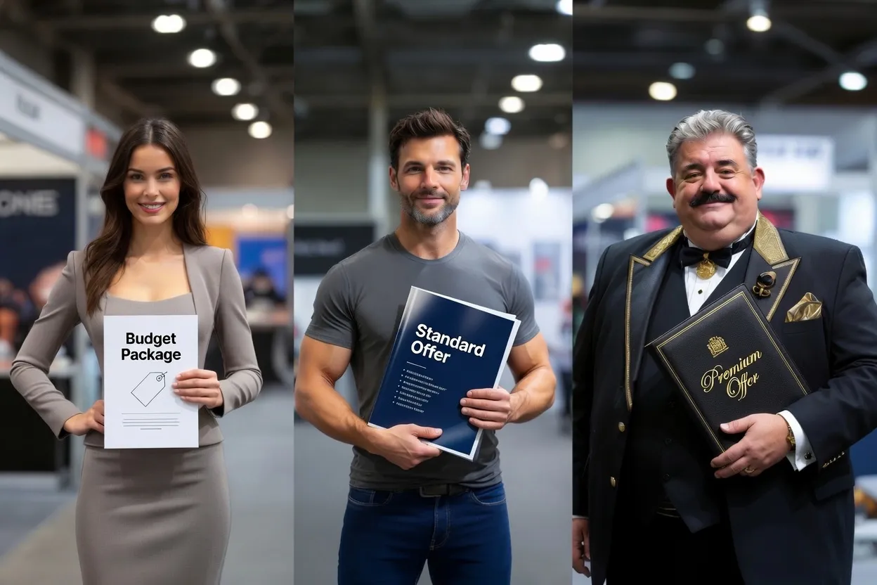 Three vendors at a trade show: a budget package, a standard offer, and a premium offer in a gilded folder